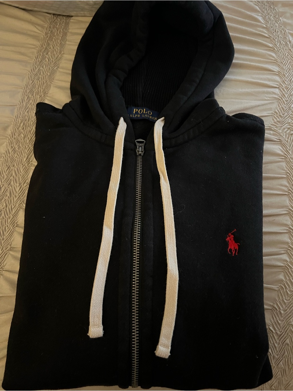 Polo by Ralph Lauren Black Zip-Up Hoodie with Red Pony and Cream Drawstrings